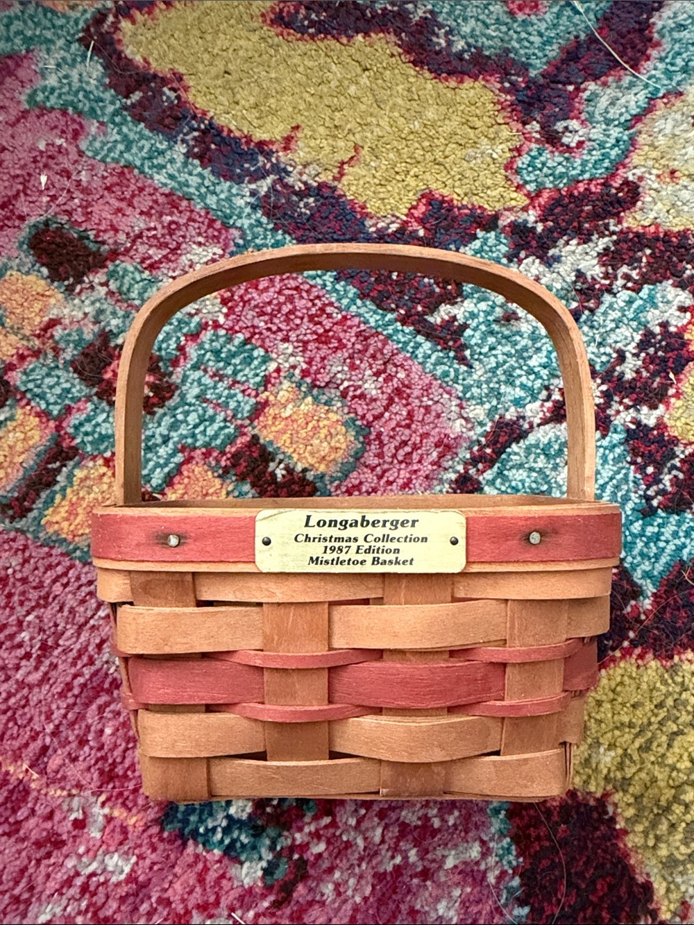 Vintage Longaberger Red and Tan Christmas Collection Woven Handle Basket